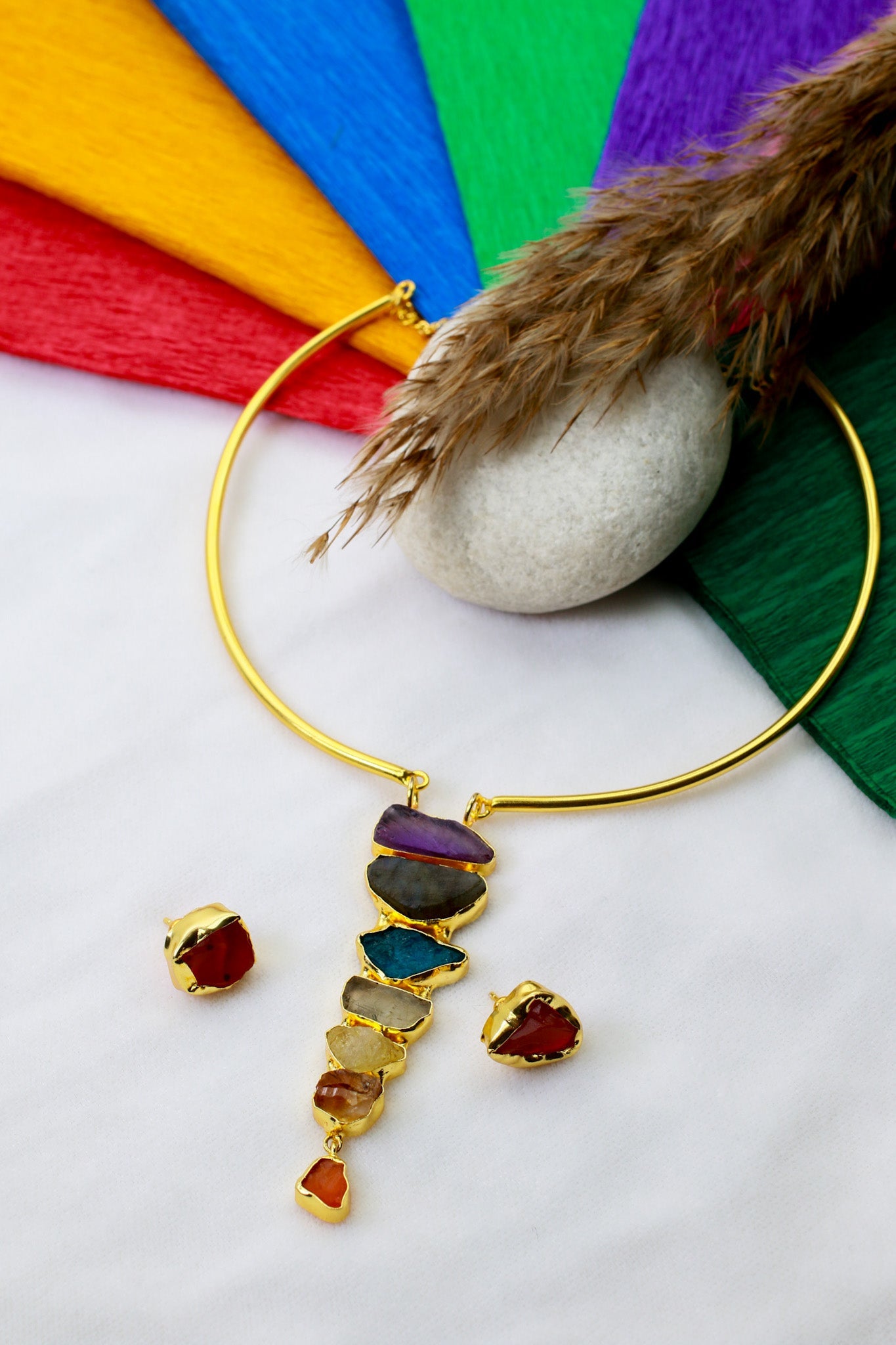 Raw - Cut Statement Vertical Pendant Necklace Set – Brass Gold Plated | Anti - Tarnish - Maxiblink