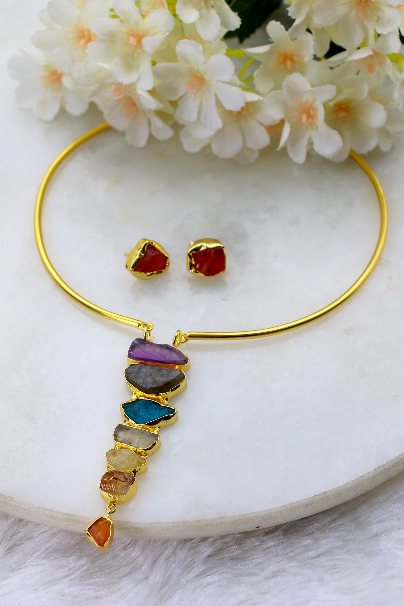 Raw - Cut Statement Vertical Pendant Necklace Set – Brass Gold Plated | Anti - Tarnish - Maxiblink