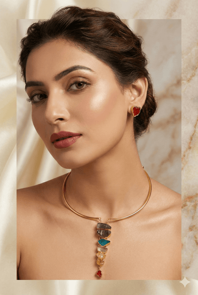Raw - Cut Statement Vertical Pendant Necklace Set – Brass Gold Plated | Anti - Tarnish - Maxiblink