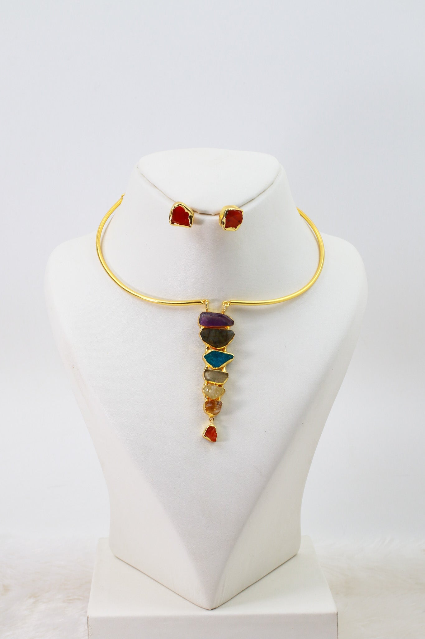 Raw - Cut Statement Vertical Pendant Necklace Set – Brass Gold Plated | Anti - Tarnish - Maxiblink