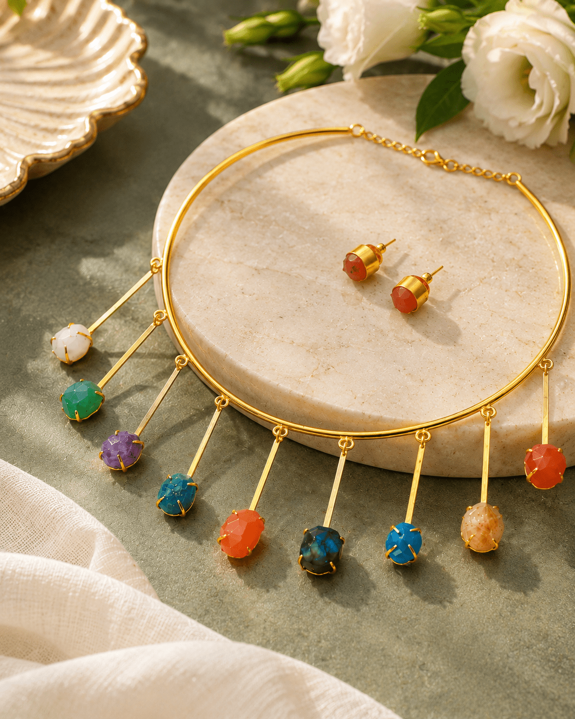 Raw Natural Stone Bar Fringe Hansuli Necklace Set - Maxiblink