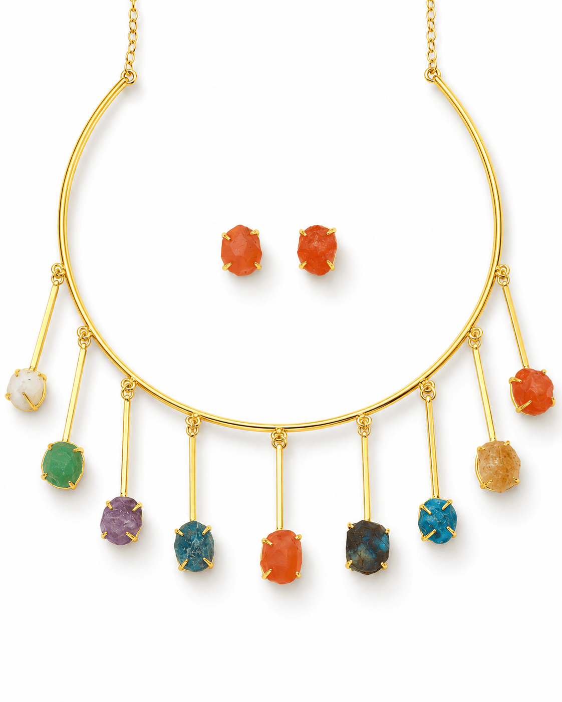 Raw Natural Stone Bar Fringe Hansuli Necklace Set - Maxiblink