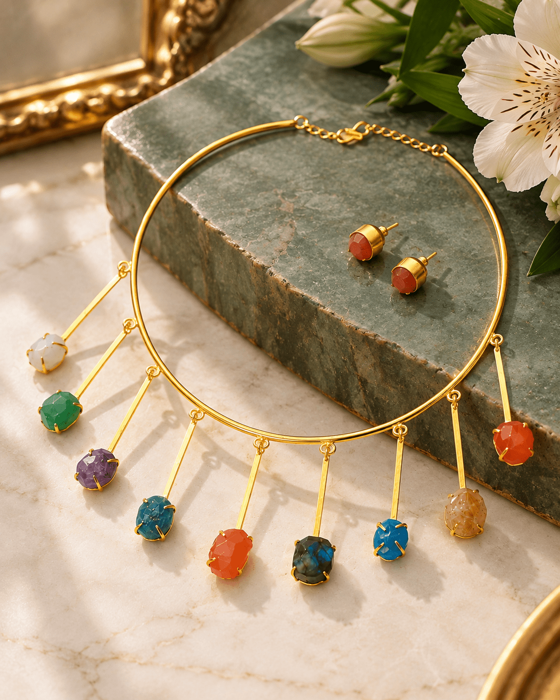 Raw Natural Stone Bar Fringe Hansuli Necklace Set - Maxiblink