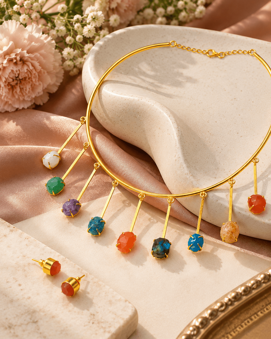 Raw Natural Stone Bar Fringe Hansuli Necklace Set - Maxiblink