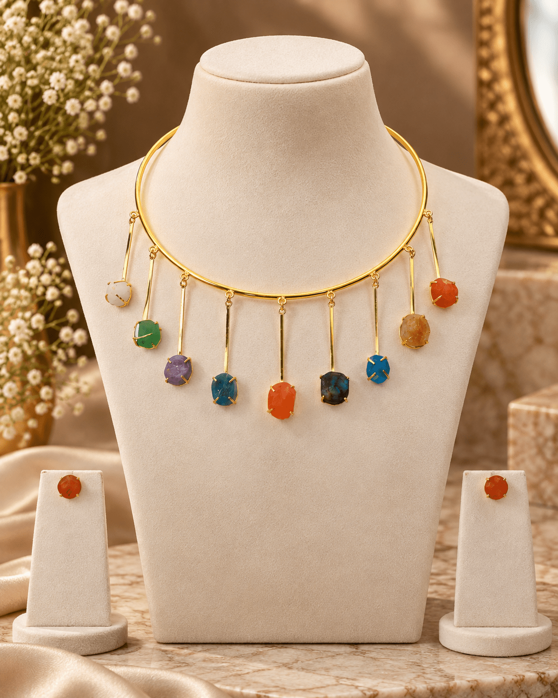 Raw Natural Stone Bar Fringe Hansuli Necklace Set - Maxiblink