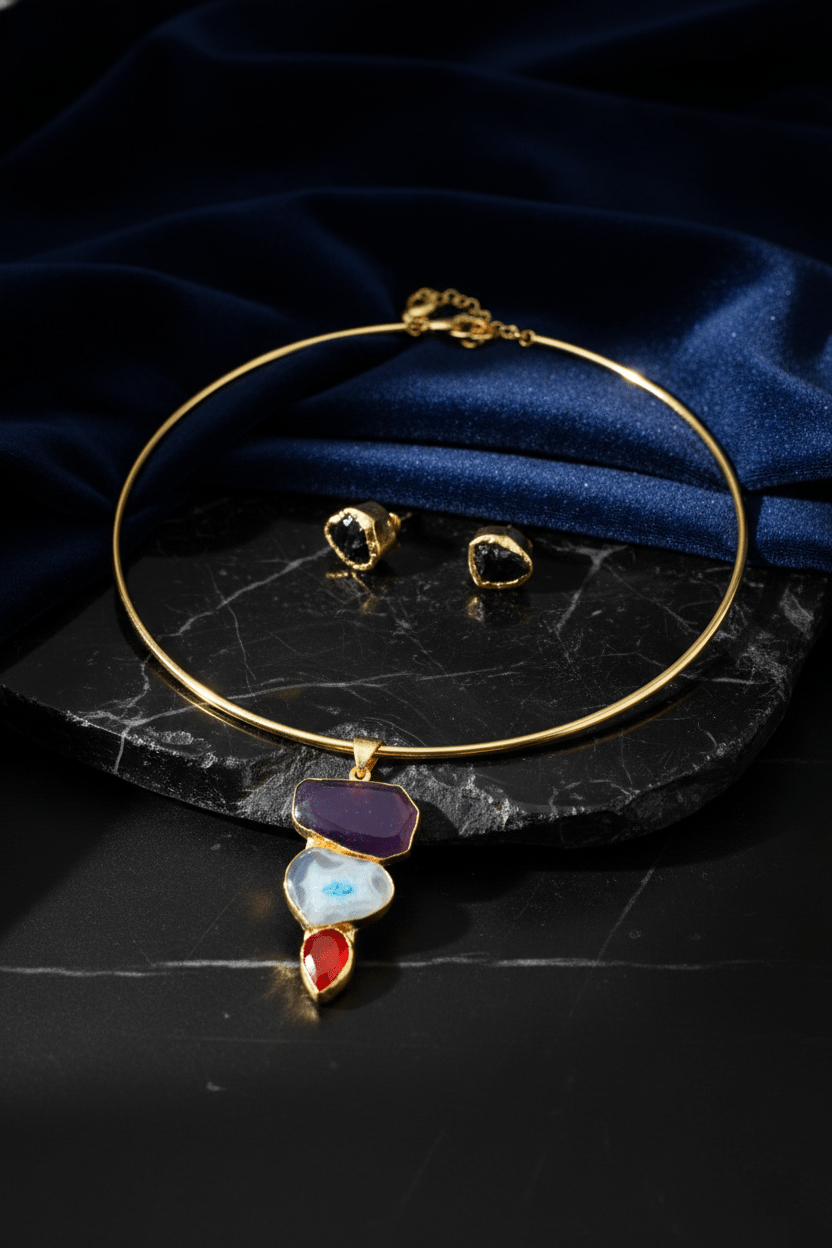 Raw Natural Stone Brass Hansuli Necklace Set for Women | Handmade Hasli Statement Jewellery - Maxiblink