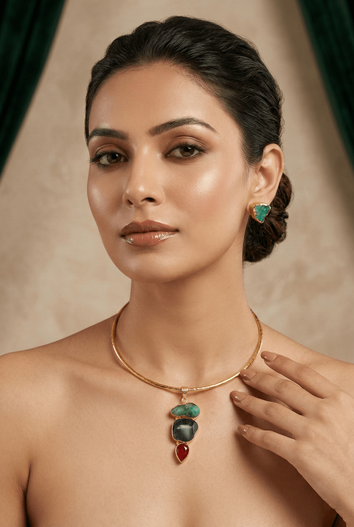 Raw Natural Stone Brass Hansuli Necklace Set for Women | Handmade Hasli Statement Jewellery - Maxiblink