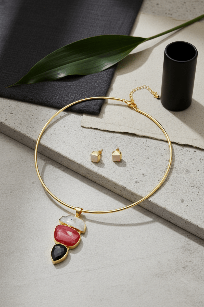 Raw Natural Stone Brass Hansuli Necklace Set for Women | Handmade Hasli Statement Jewellery - Maxiblink