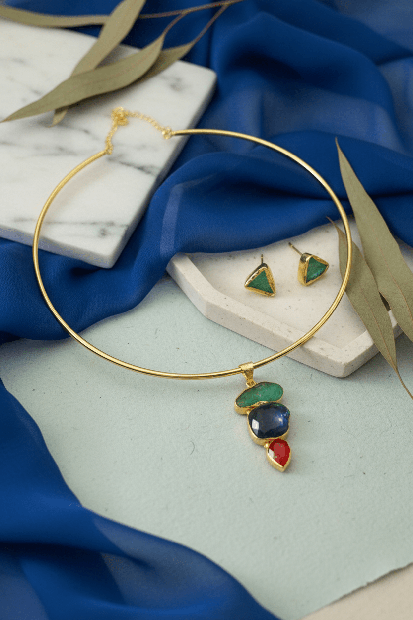 Raw Natural Stone Brass Hansuli Necklace Set for Women | Handmade Hasli Statement Jewellery - Maxiblink