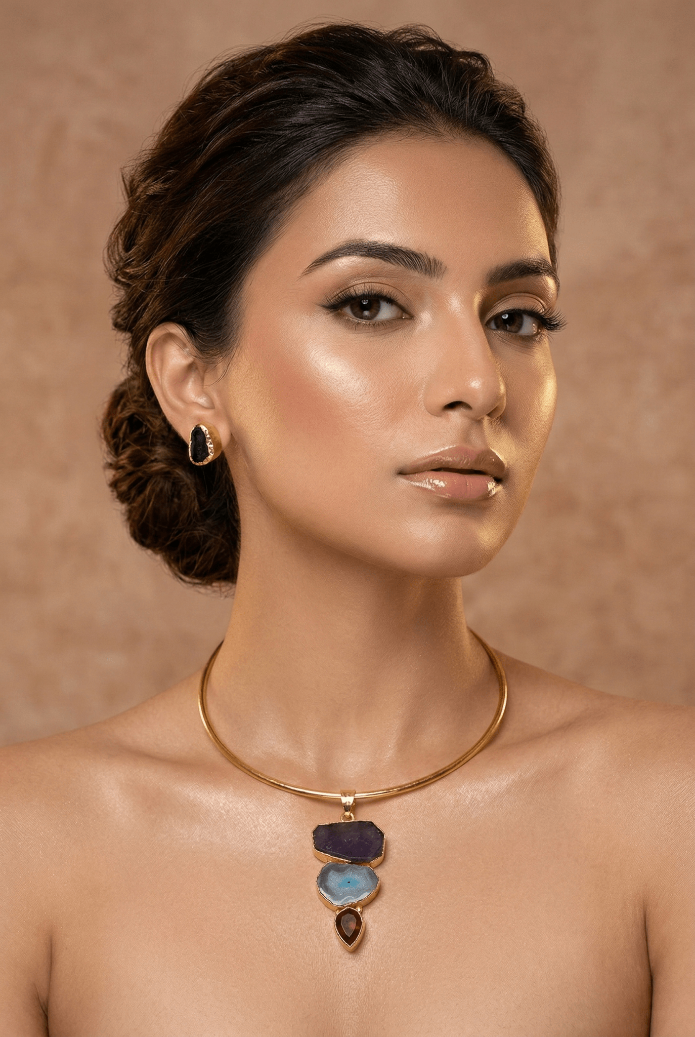 Raw Natural Stone Brass Hansuli Necklace Set for Women | Handmade Hasli Statement Jewellery - Maxiblink