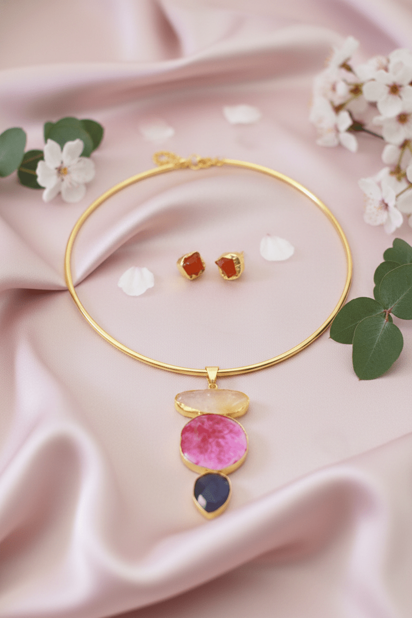 Raw Natural Stone Brass Hansuli Necklace Set for Women | Handmade Hasli Statement Jewellery - Maxiblink