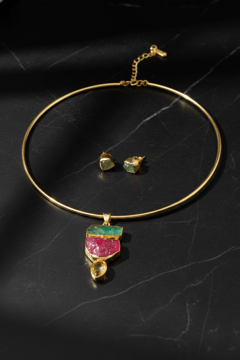 Raw Natural Stone Brass Hansuli Necklace Set for Women | Handmade Hasli Statement Jewellery - Maxiblink