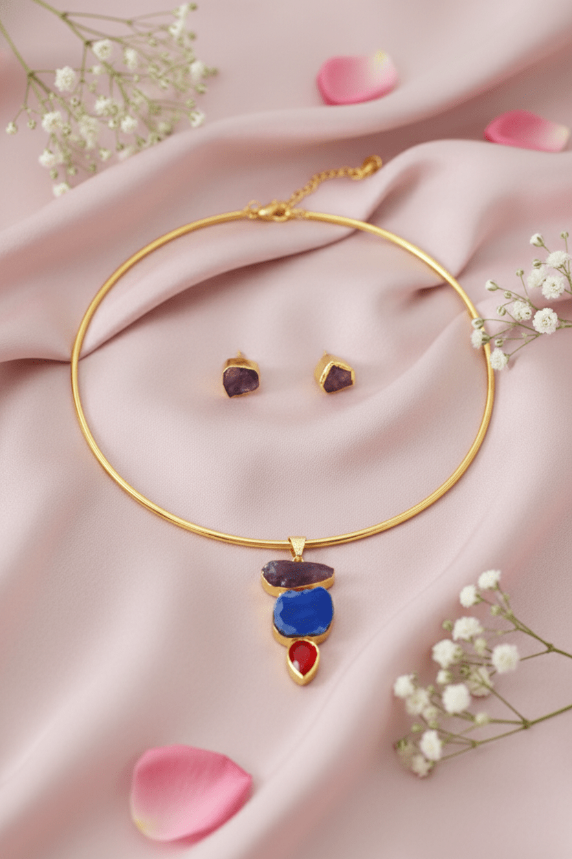 Raw Natural Stone Brass Hansuli Necklace Set for Women | Handmade Hasli Statement Jewellery - Maxiblink