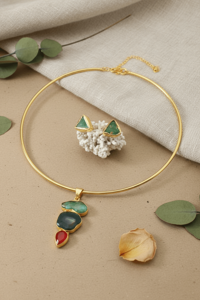 Raw Natural Stone Brass Hansuli Necklace Set for Women | Handmade Hasli Statement Jewellery - Maxiblink