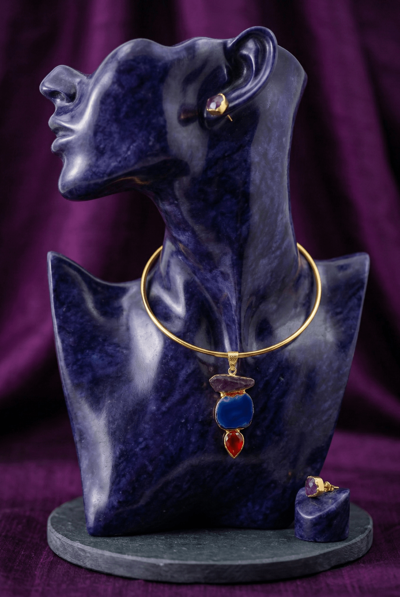 Raw Natural Stone Brass Hansuli Necklace Set for Women | Handmade Hasli Statement Jewellery - Maxiblink
