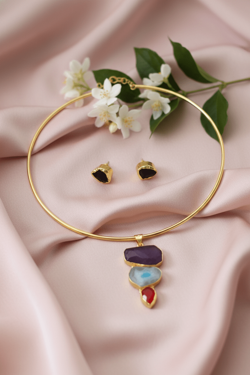 Raw Natural Stone Brass Hansuli Necklace Set for Women | Handmade Hasli Statement Jewellery - Maxiblink