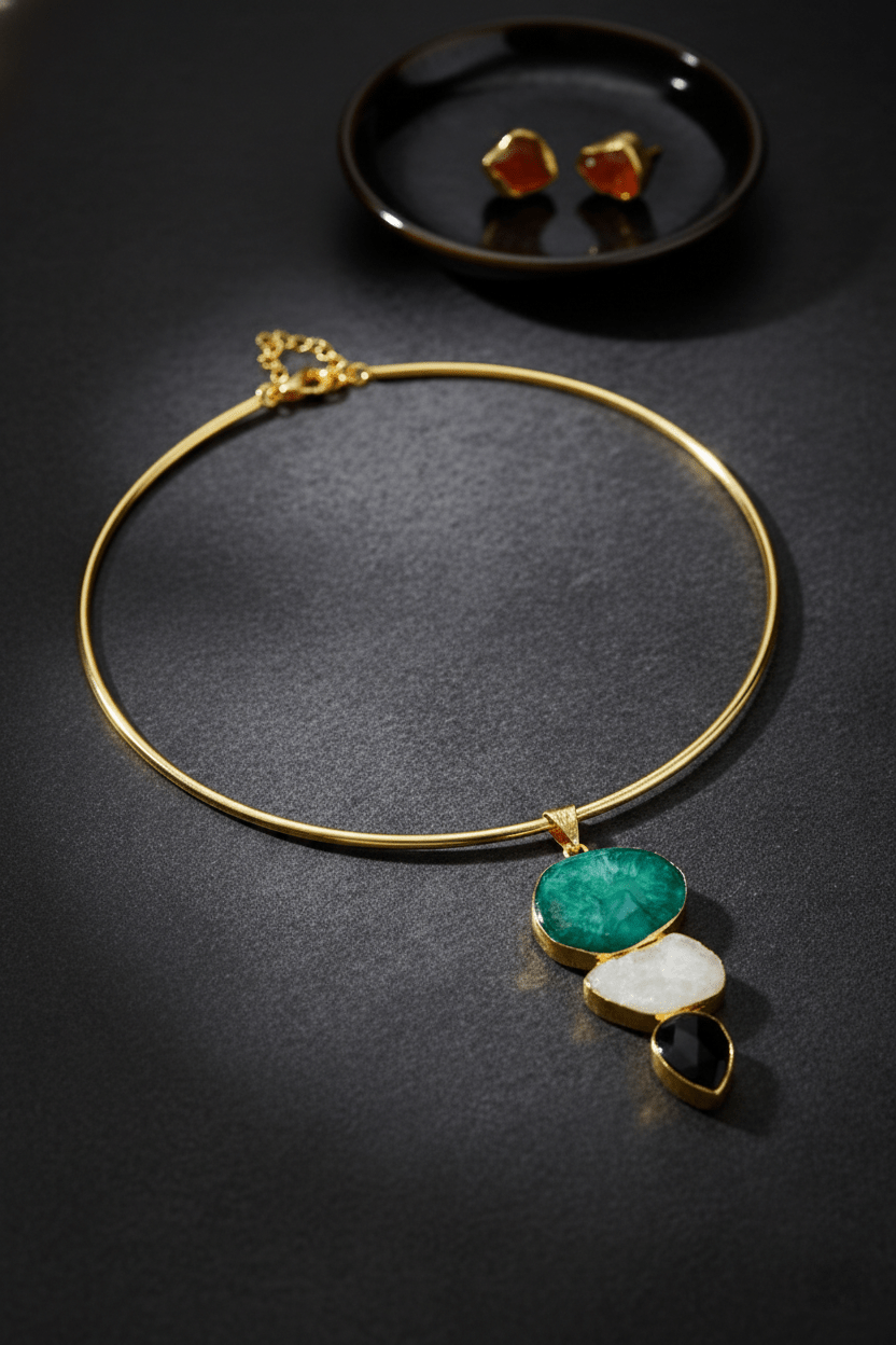 Raw Natural Stone Brass Hansuli Necklace Set for Women | Handmade Hasli Statement Jewellery - Maxiblink