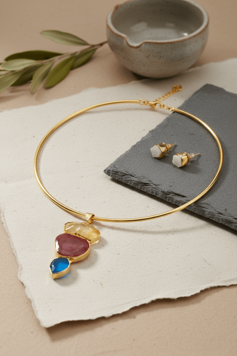 Raw Natural Stone Brass Hansuli Necklace Set for Women | Handmade Hasli Statement Jewellery - Maxiblink