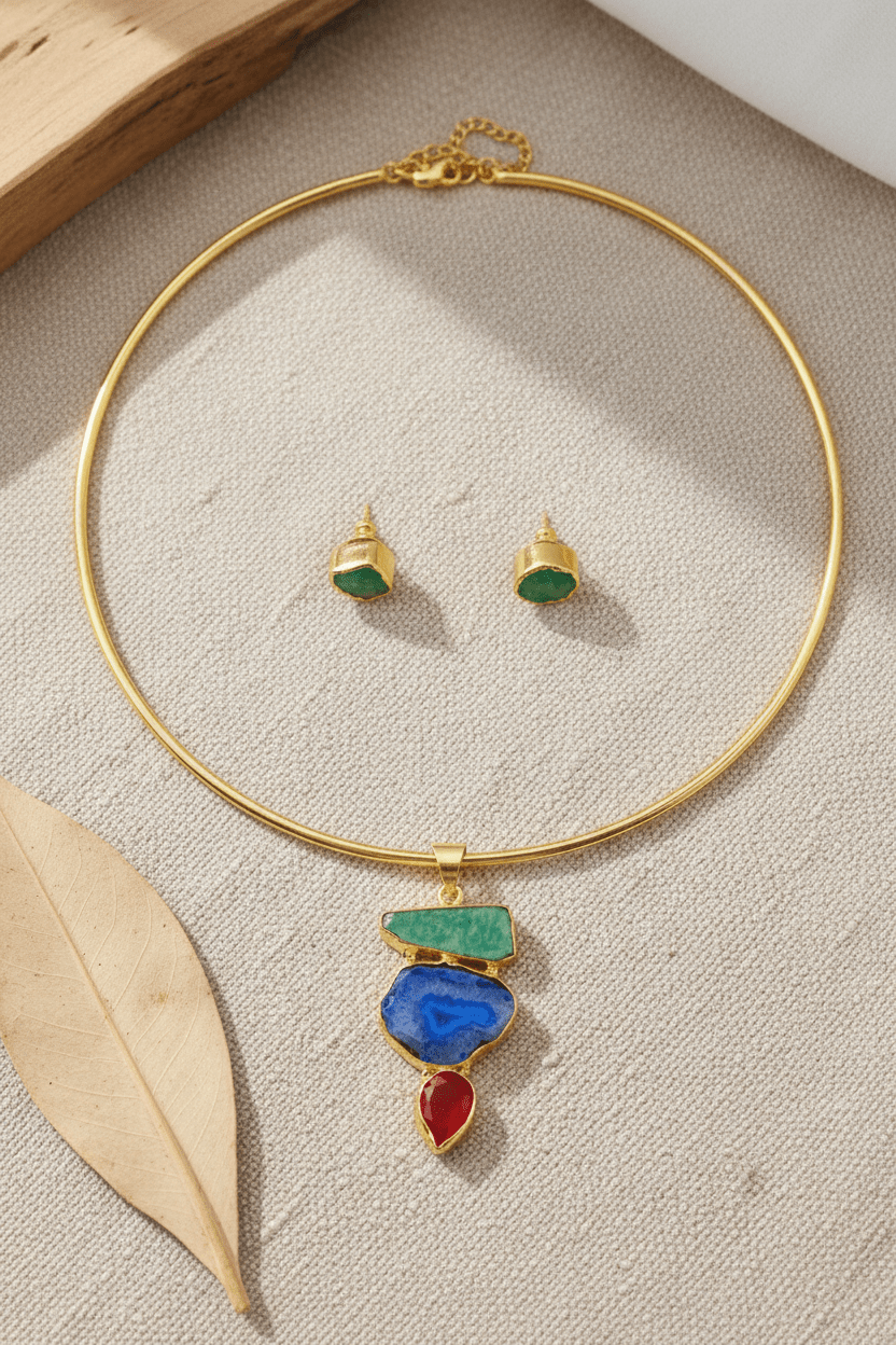 Raw Natural Stone Brass Hansuli Necklace Set for Women | Handmade Hasli Statement Jewellery - Maxiblink