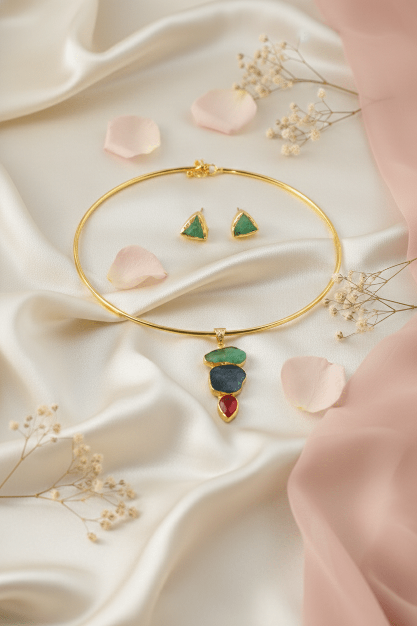 Raw Natural Stone Brass Hansuli Necklace Set for Women | Handmade Hasli Statement Jewellery - Maxiblink