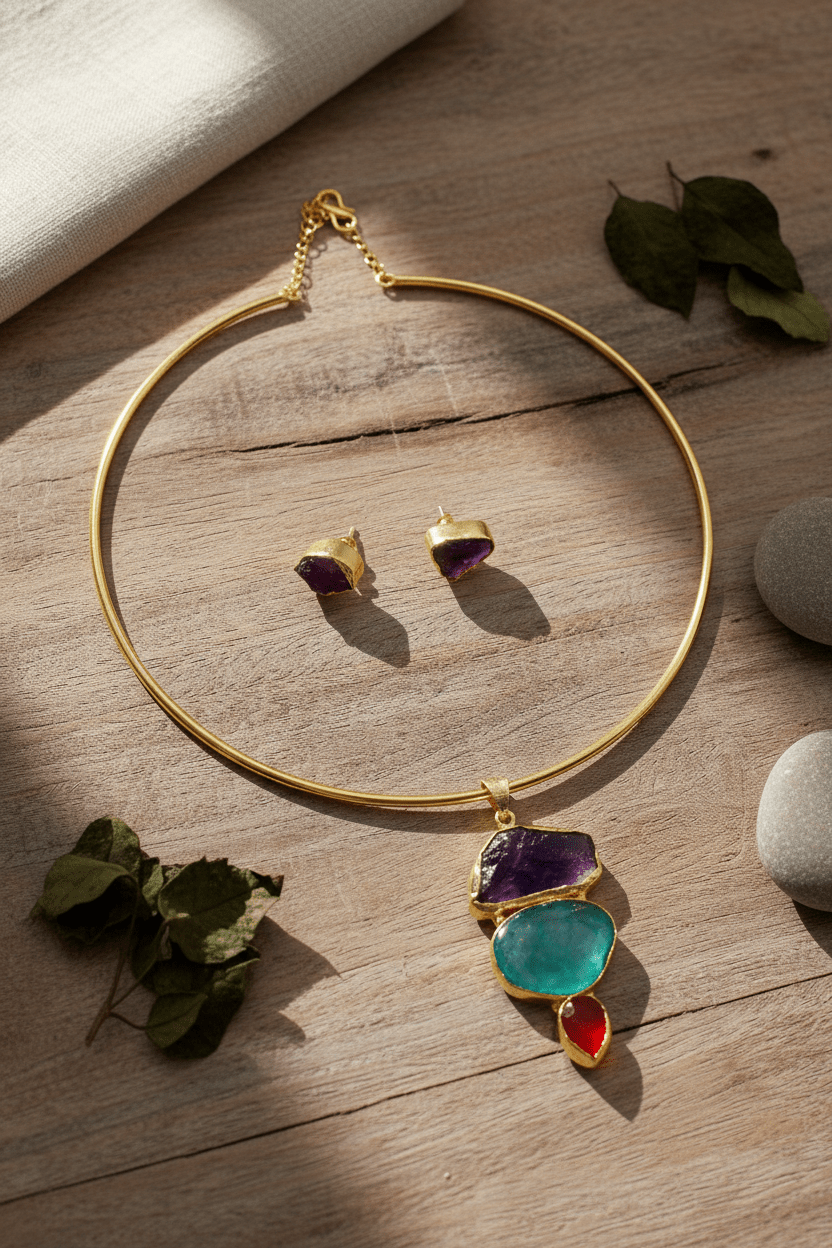 Raw Natural Stone Brass Hansuli Necklace Set for Women | Handmade Hasli Statement Jewellery - Maxiblink