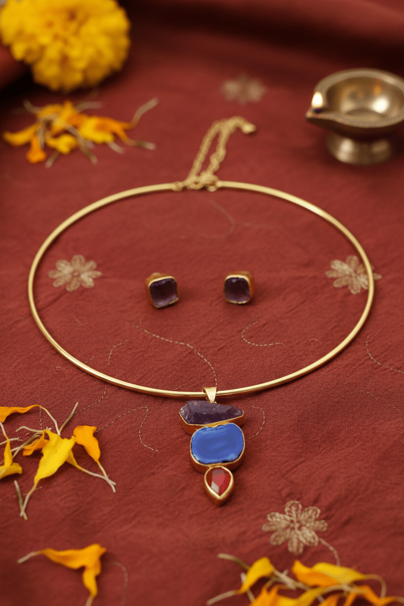 Raw Natural Stone Brass Hansuli Necklace Set for Women | Handmade Hasli Statement Jewellery - Maxiblink