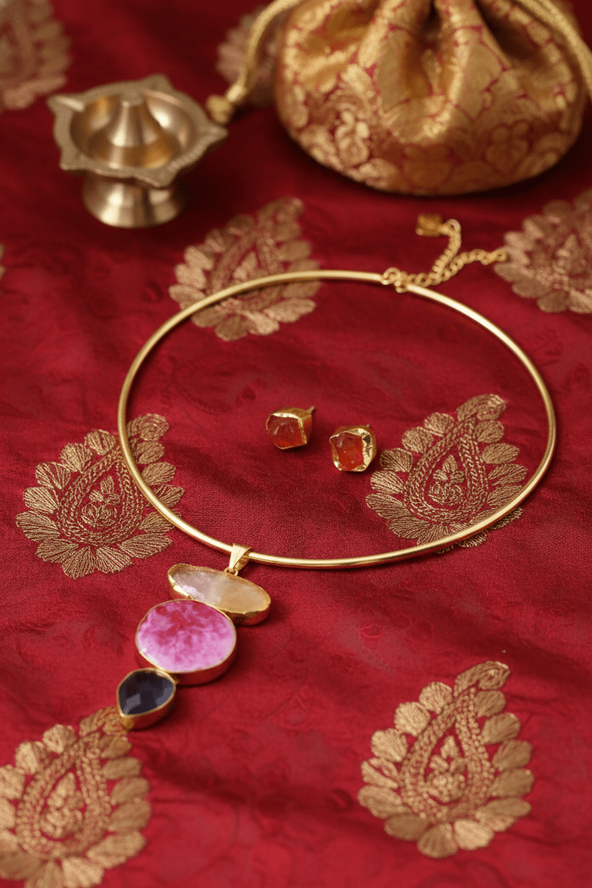 Raw Natural Stone Brass Hansuli Necklace Set for Women | Handmade Hasli Statement Jewellery - Maxiblink