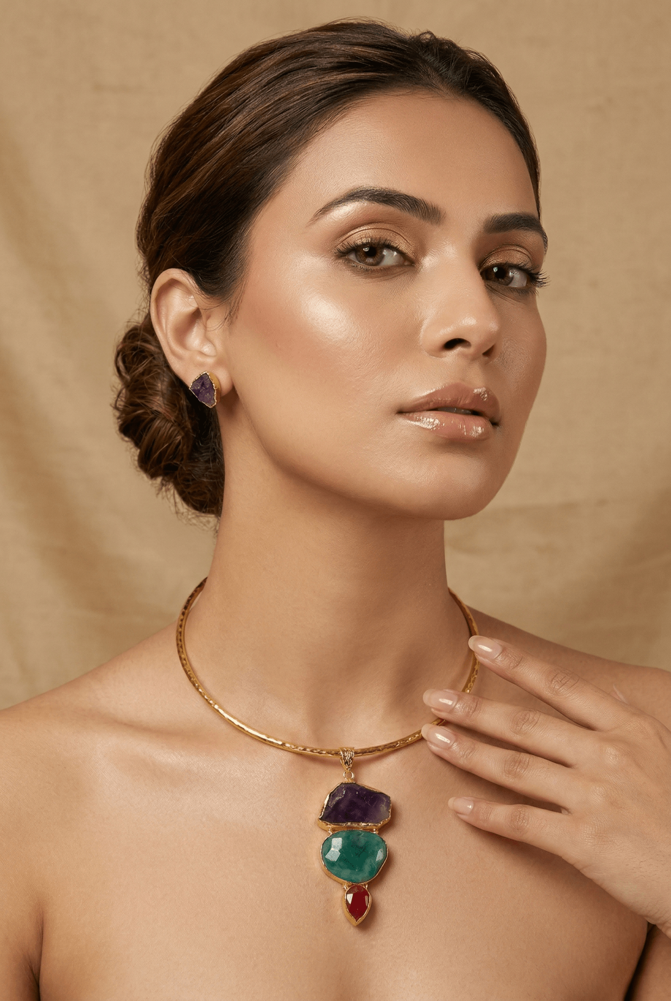 Raw Natural Stone Brass Hansuli Necklace Set for Women | Handmade Hasli Statement Jewellery - Maxiblink