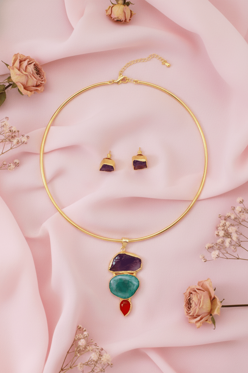 Raw Natural Stone Brass Hansuli Necklace Set for Women | Handmade Hasli Statement Jewellery - Maxiblink