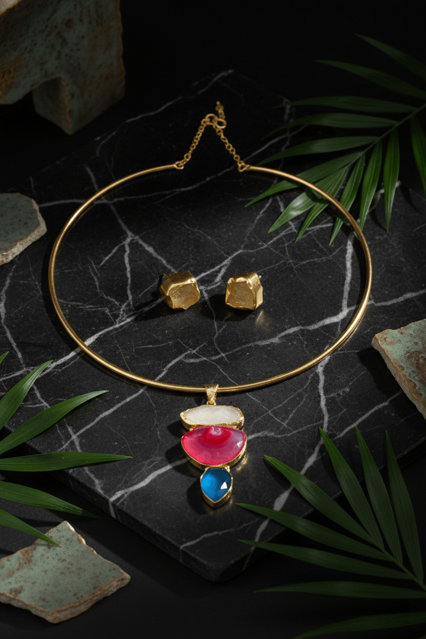 Raw Natural Stone Brass Hansuli Necklace Set for Women | Handmade Hasli Statement Jewellery - Maxiblink