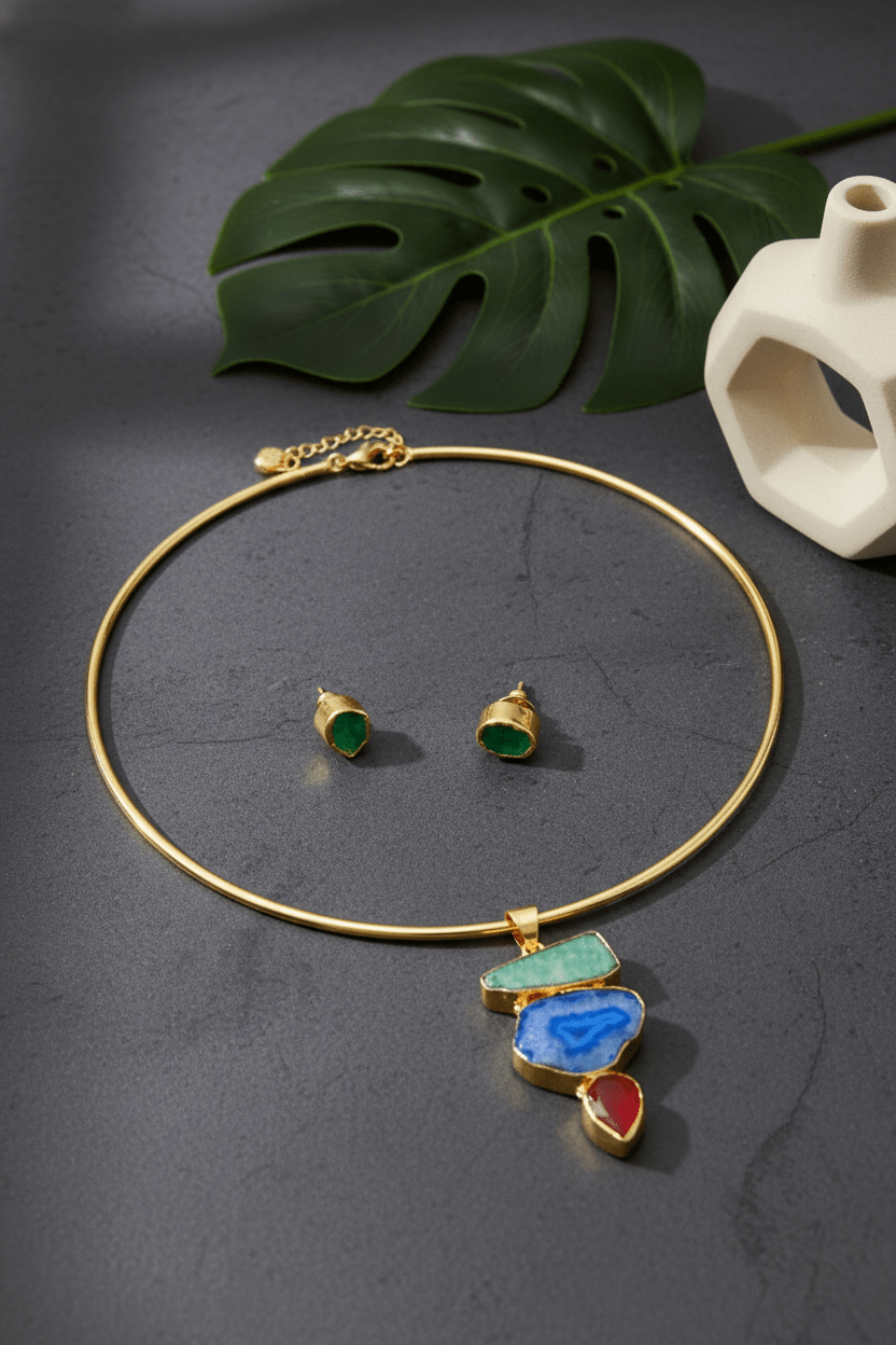 Raw Natural Stone Brass Hansuli Necklace Set for Women | Handmade Hasli Statement Jewellery - Maxiblink