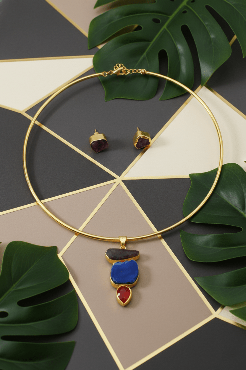 Raw Natural Stone Brass Hansuli Necklace Set for Women | Handmade Hasli Statement Jewellery - Maxiblink