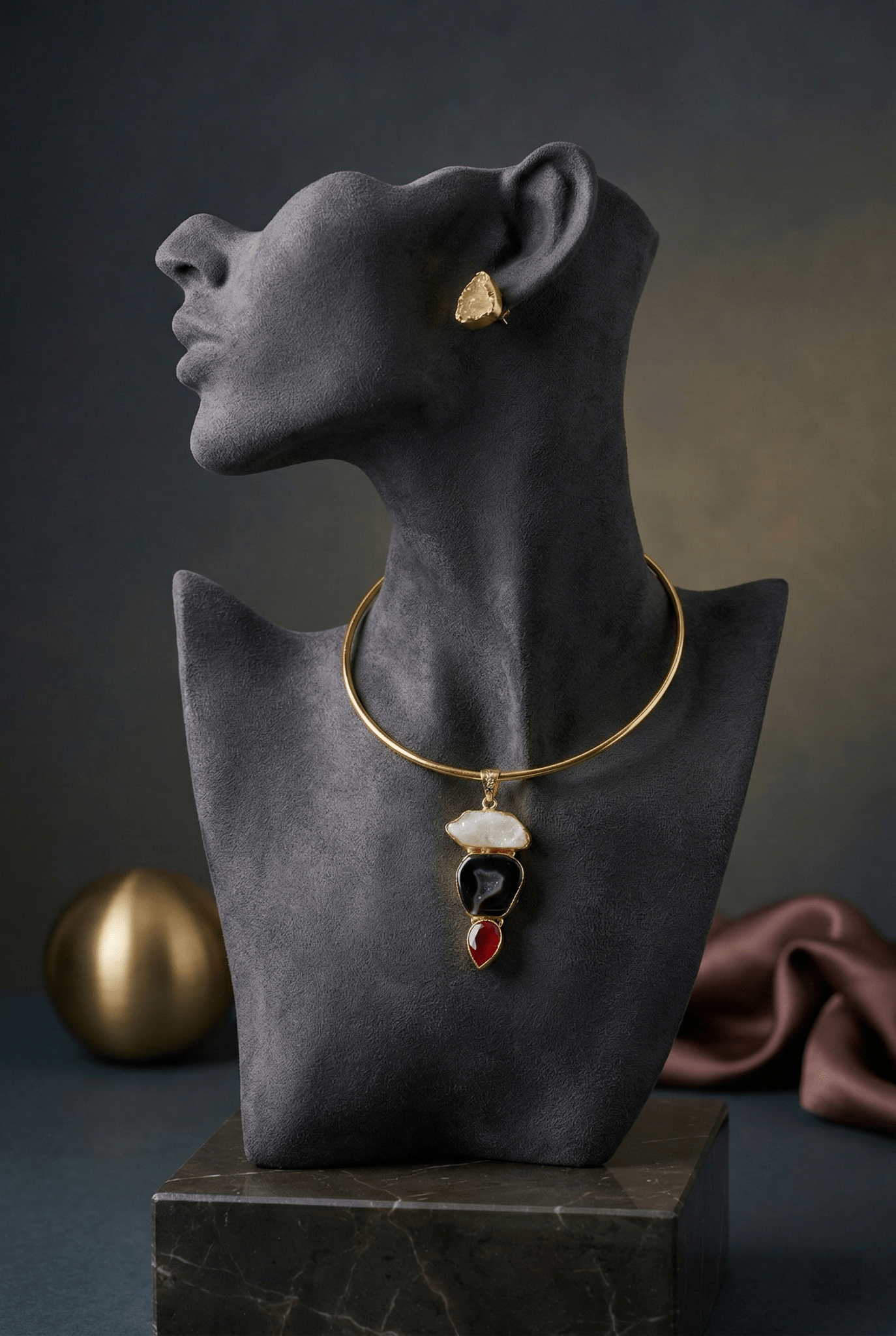 Raw Natural Stone Brass Hansuli Necklace Set for Women | Handmade Hasli Statement Jewellery - Maxiblink