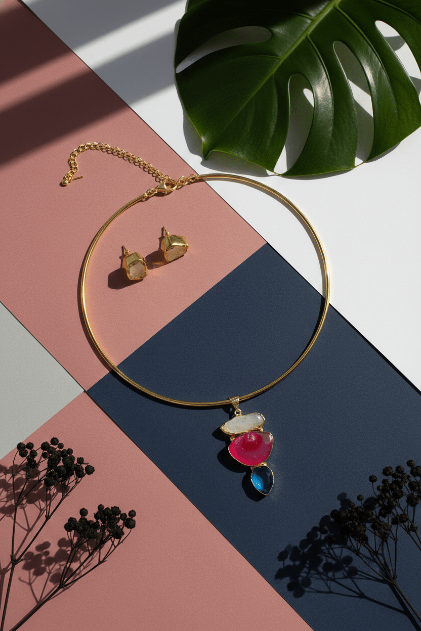 Raw Natural Stone Brass Hansuli Necklace Set for Women | Handmade Hasli Statement Jewellery - Maxiblink