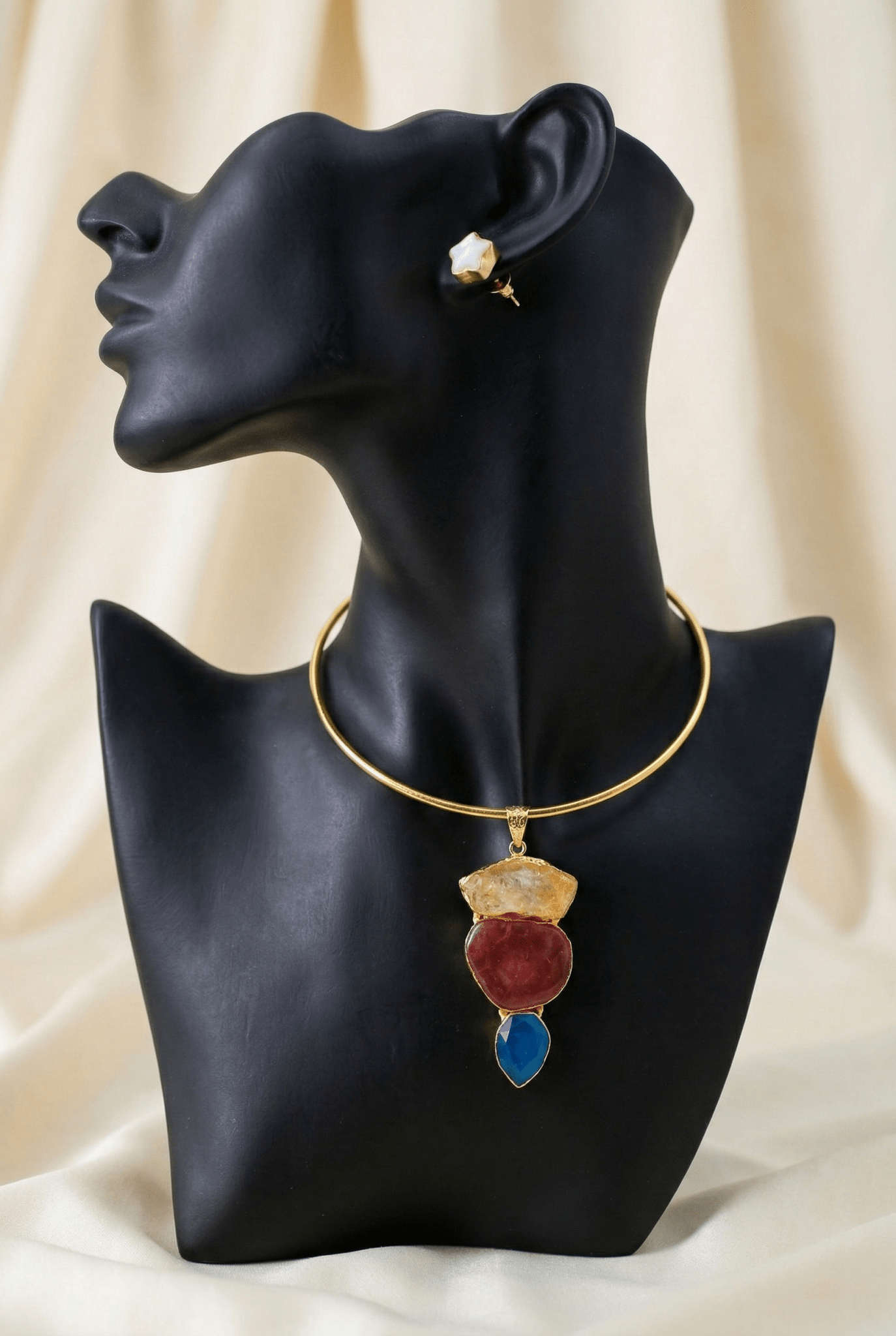 Raw Natural Stone Brass Hansuli Necklace Set for Women | Handmade Hasli Statement Jewellery - Maxiblink