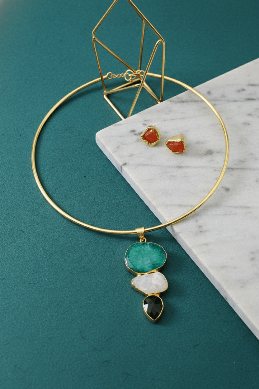 Raw Natural Stone Brass Hansuli Necklace Set for Women | Handmade Hasli Statement Jewellery - Maxiblink