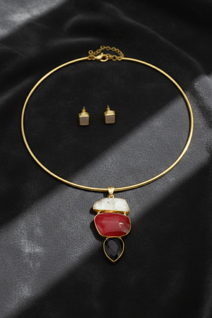 Raw Natural Stone Brass Hansuli Necklace Set for Women | Handmade Hasli Statement Jewellery - Maxiblink