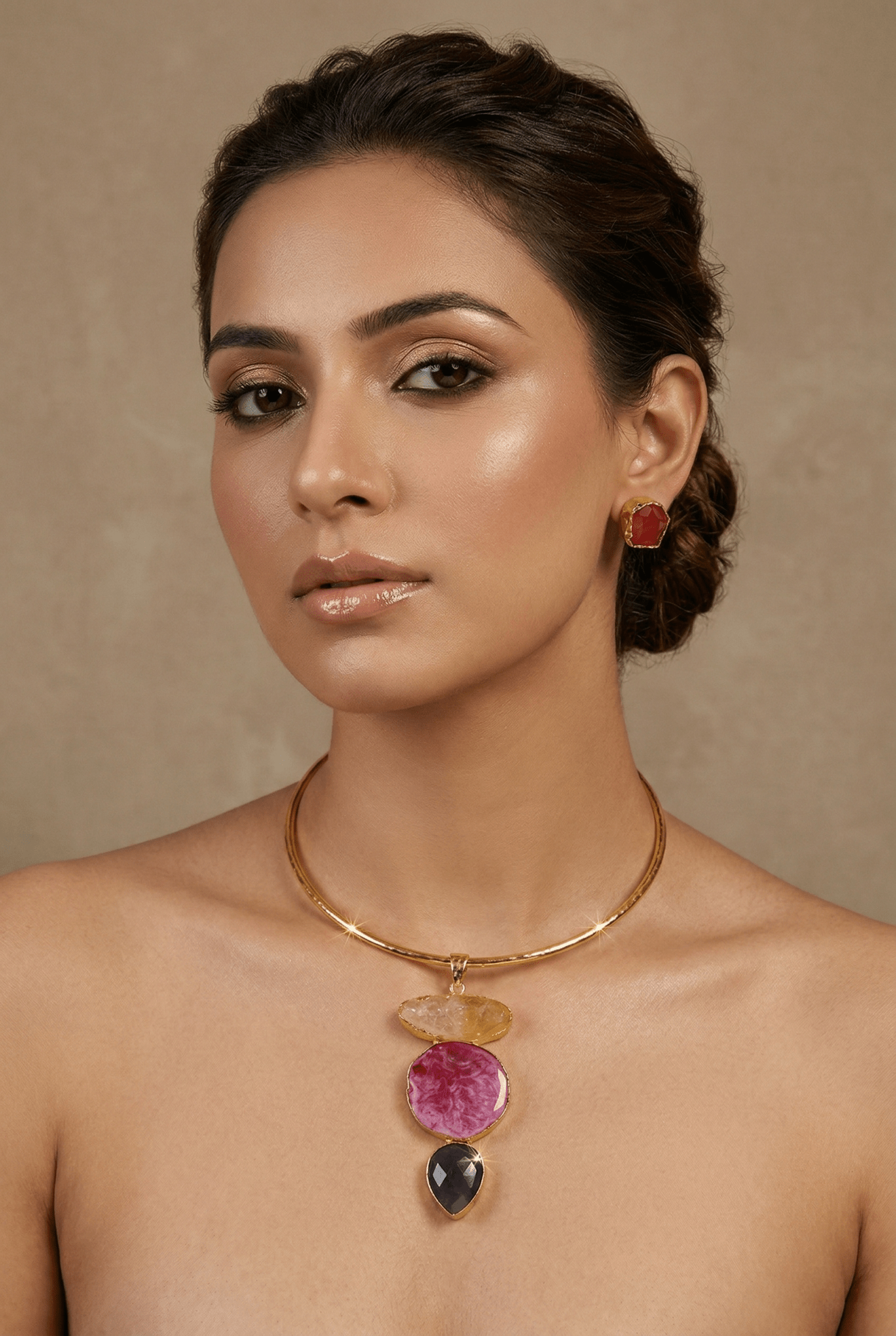 Raw Natural Stone Brass Hansuli Necklace Set for Women | Handmade Hasli Statement Jewellery - Maxiblink