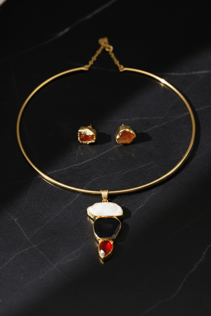 Raw Natural Stone Brass Hansuli Necklace Set for Women | Handmade Hasli Statement Jewellery - Maxiblink