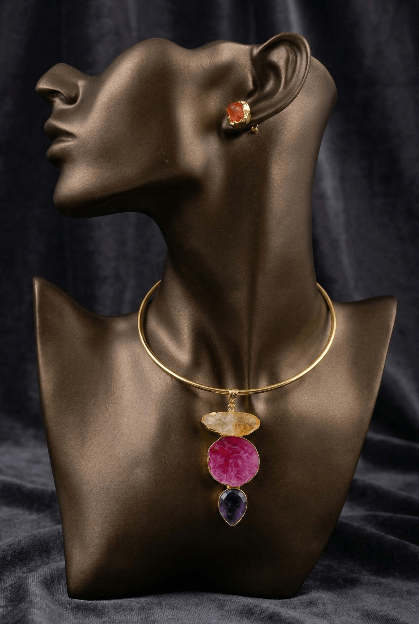 Raw Natural Stone Brass Hansuli Necklace Set for Women | Handmade Hasli Statement Jewellery - Maxiblink