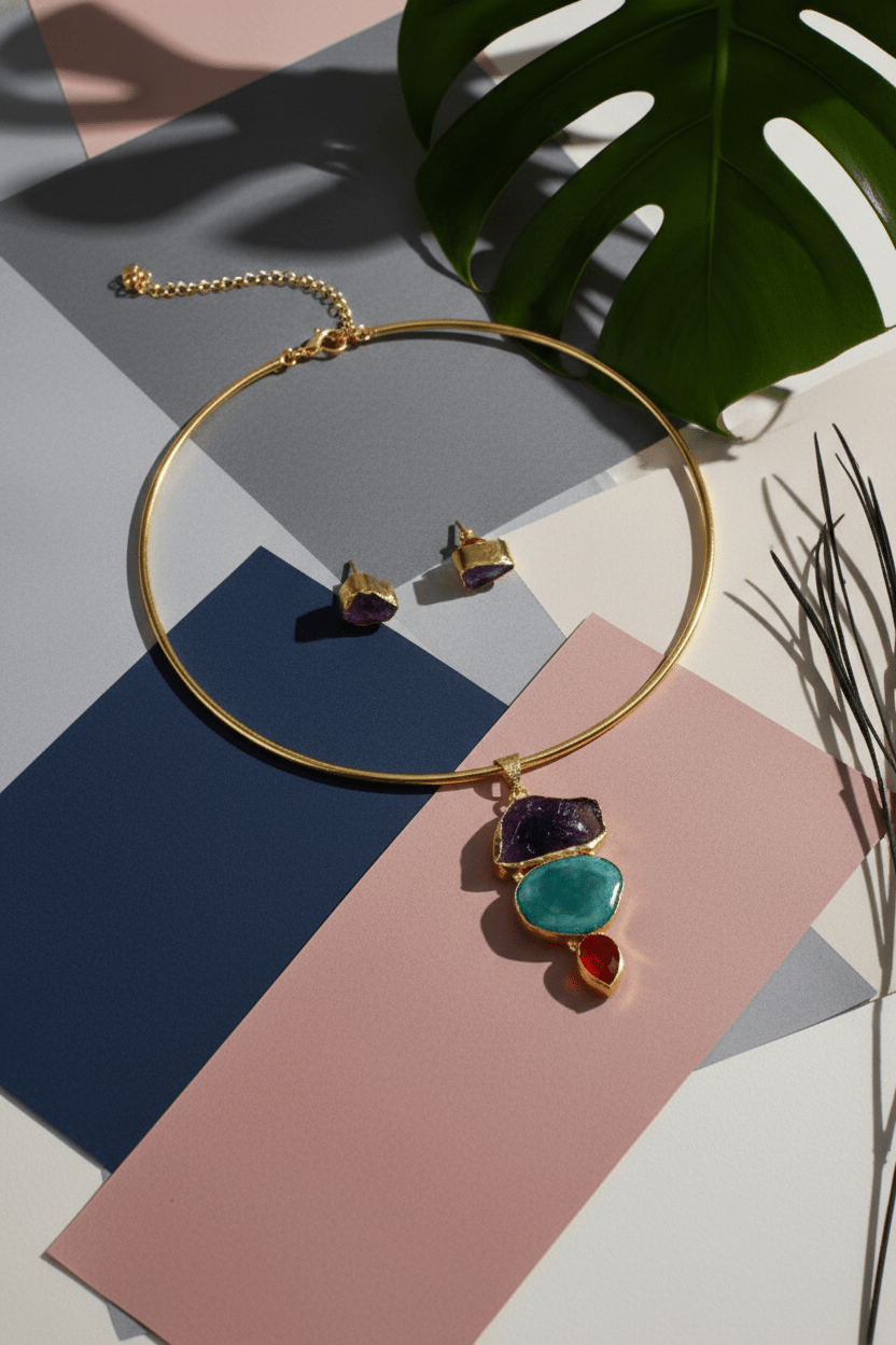 Raw Natural Stone Brass Hansuli Necklace Set for Women | Handmade Hasli Statement Jewellery - Maxiblink