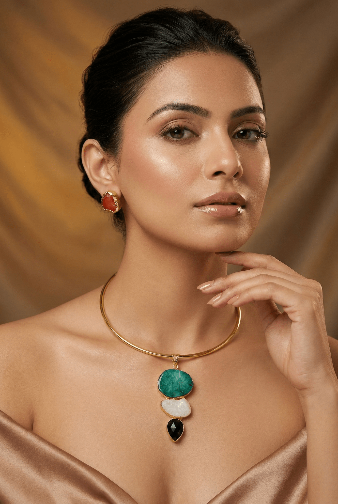 Raw Natural Stone Brass Hansuli Necklace Set for Women | Handmade Hasli Statement Jewellery - Maxiblink