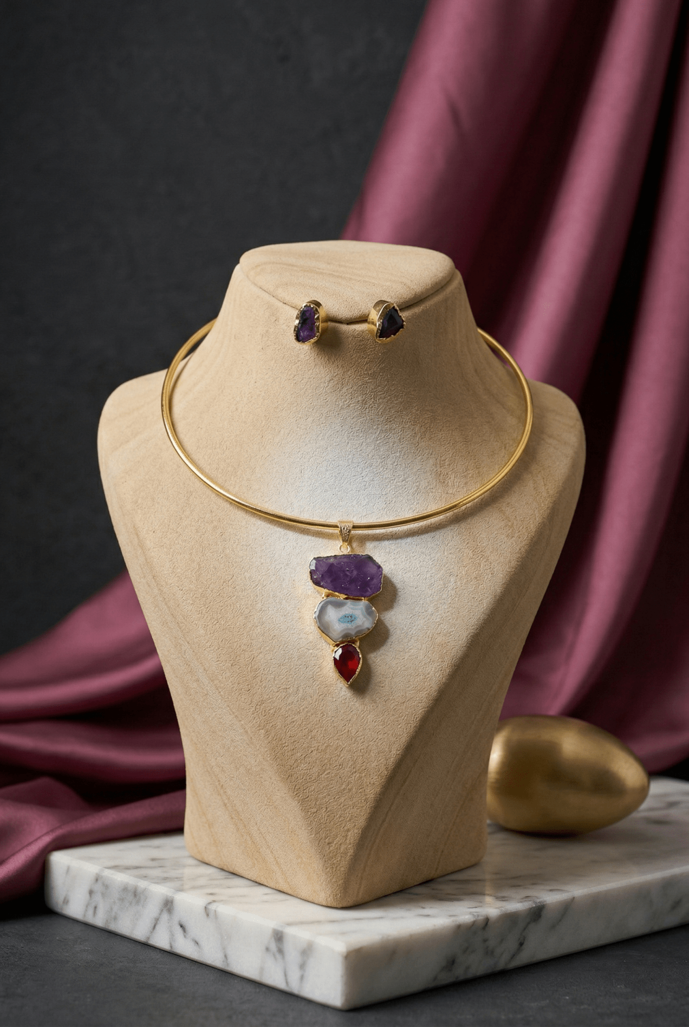 Raw Natural Stone Brass Hansuli Necklace Set for Women | Handmade Hasli Statement Jewellery - Maxiblink