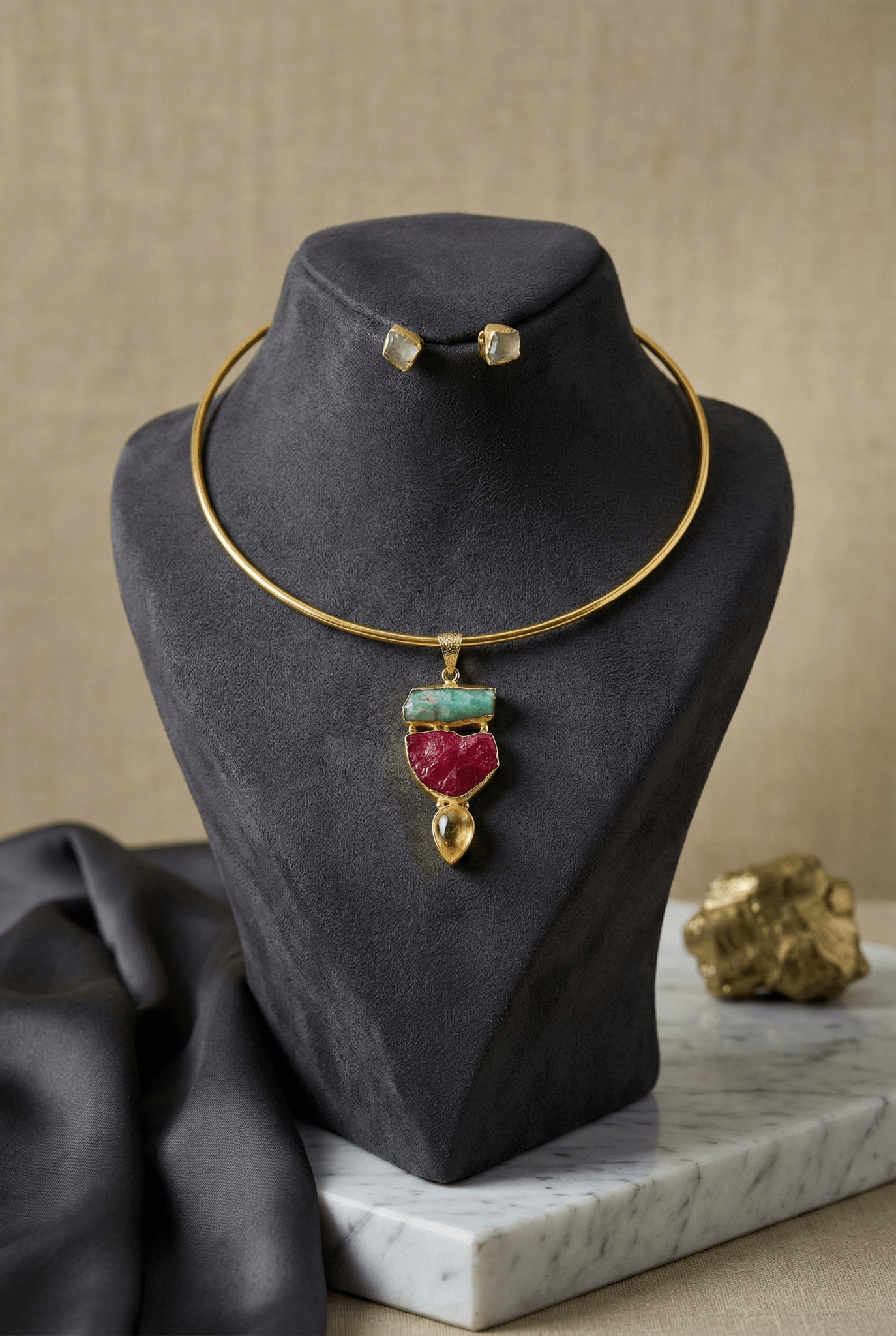 Raw Natural Stone Brass Hansuli Necklace Set for Women | Handmade Hasli Statement Jewellery - Maxiblink