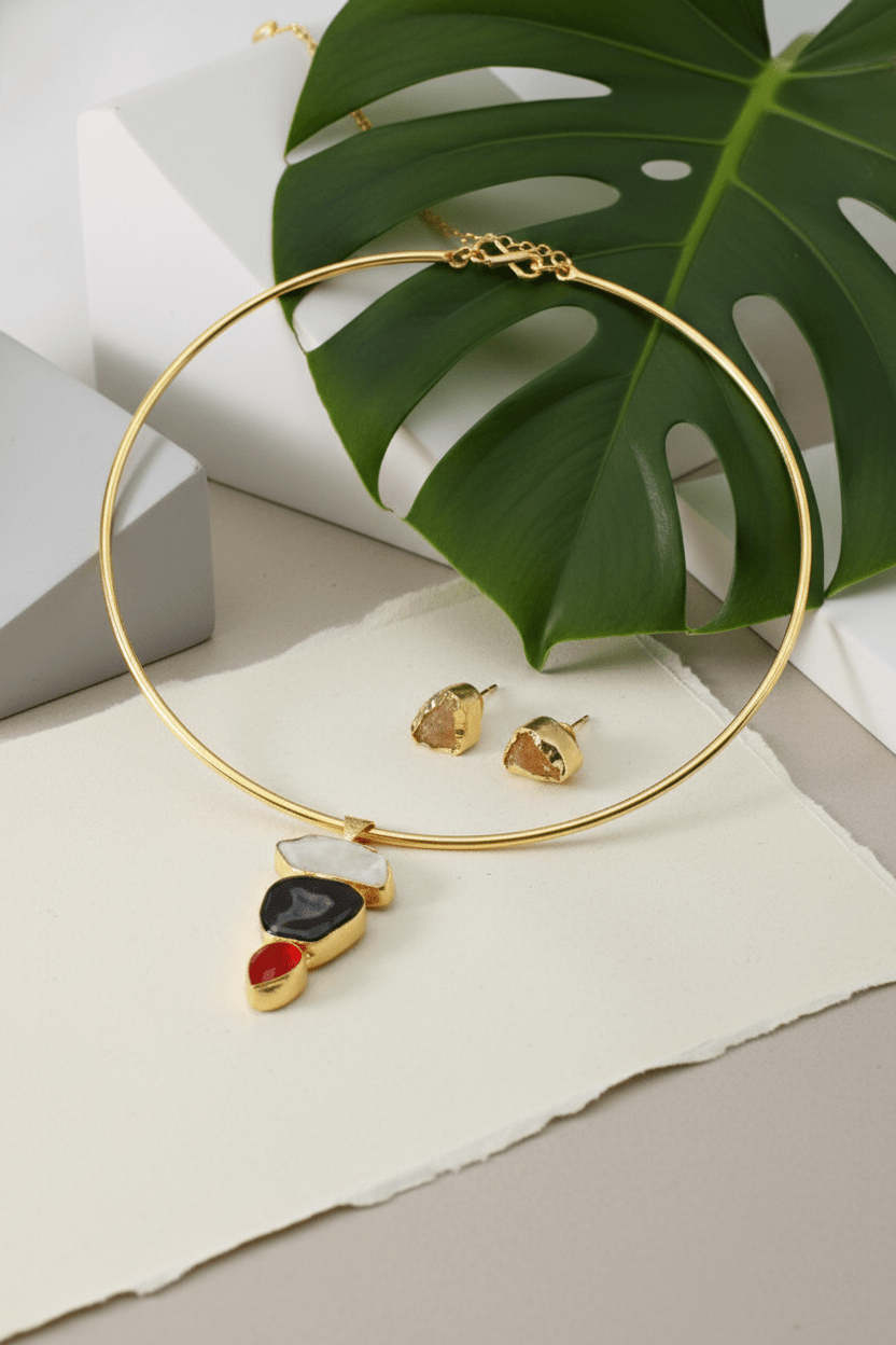 Raw Natural Stone Brass Hansuli Necklace Set for Women | Handmade Hasli Statement Jewellery - Maxiblink