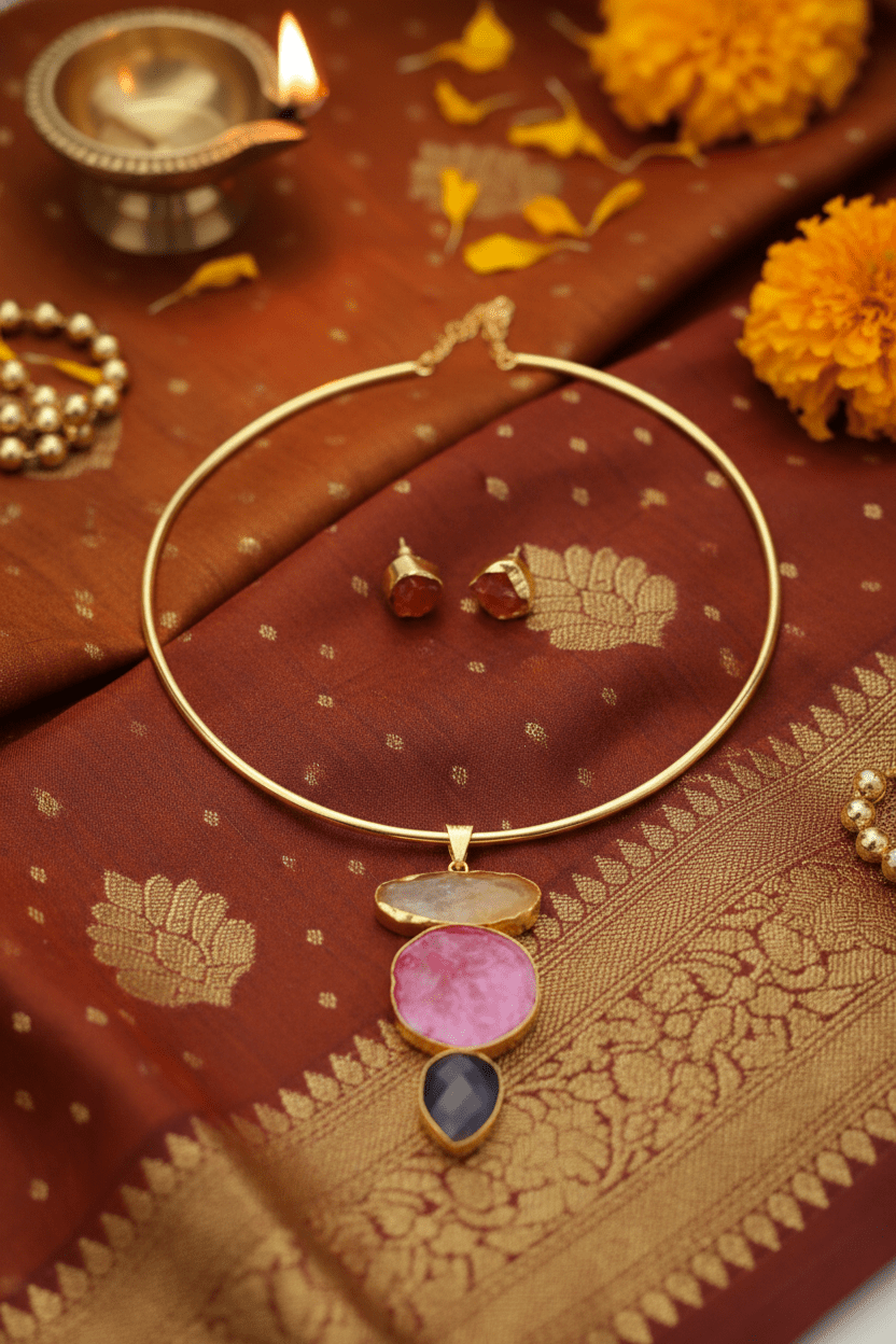 Raw Natural Stone Brass Hansuli Necklace Set for Women | Handmade Hasli Statement Jewellery - Maxiblink