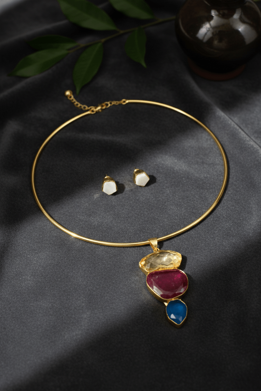 Raw Natural Stone Brass Hansuli Necklace Set for Women | Handmade Hasli Statement Jewellery - Maxiblink