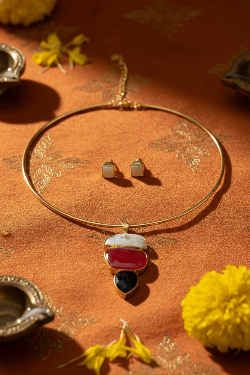 Raw Natural Stone Brass Hansuli Necklace Set for Women | Handmade Hasli Statement Jewellery - Maxiblink