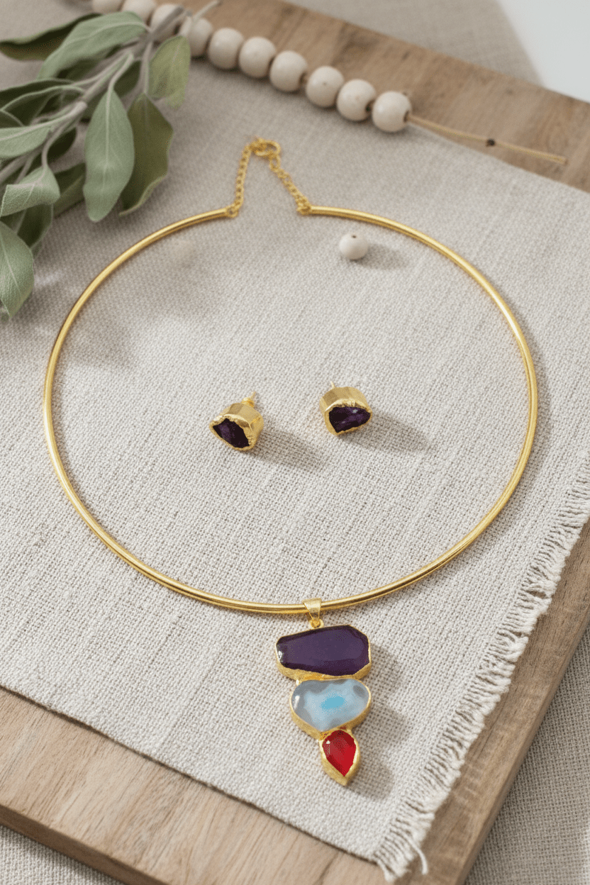 Raw Natural Stone Brass Hansuli Necklace Set for Women | Handmade Hasli Statement Jewellery - Maxiblink
