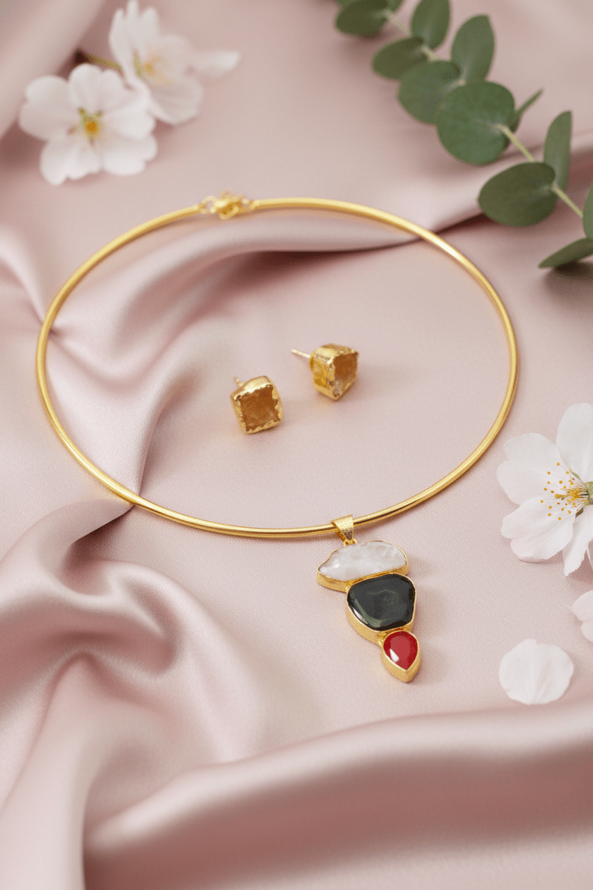 Raw Natural Stone Brass Hansuli Necklace Set for Women | Handmade Hasli Statement Jewellery - Maxiblink